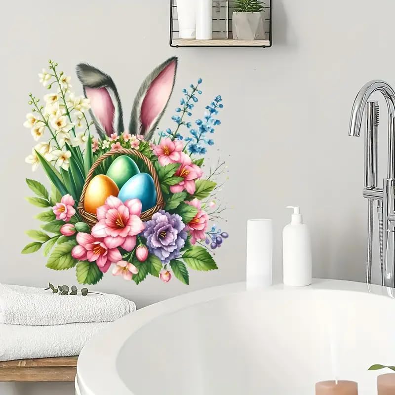 Easter Bunny Floral Toilet Cover Sticker Decals,Fish Bird Flower Leaf Waterproof Toilet Lid Tank Seat Decals Cistern Self-Adhesive Bathroom Wall Sticker