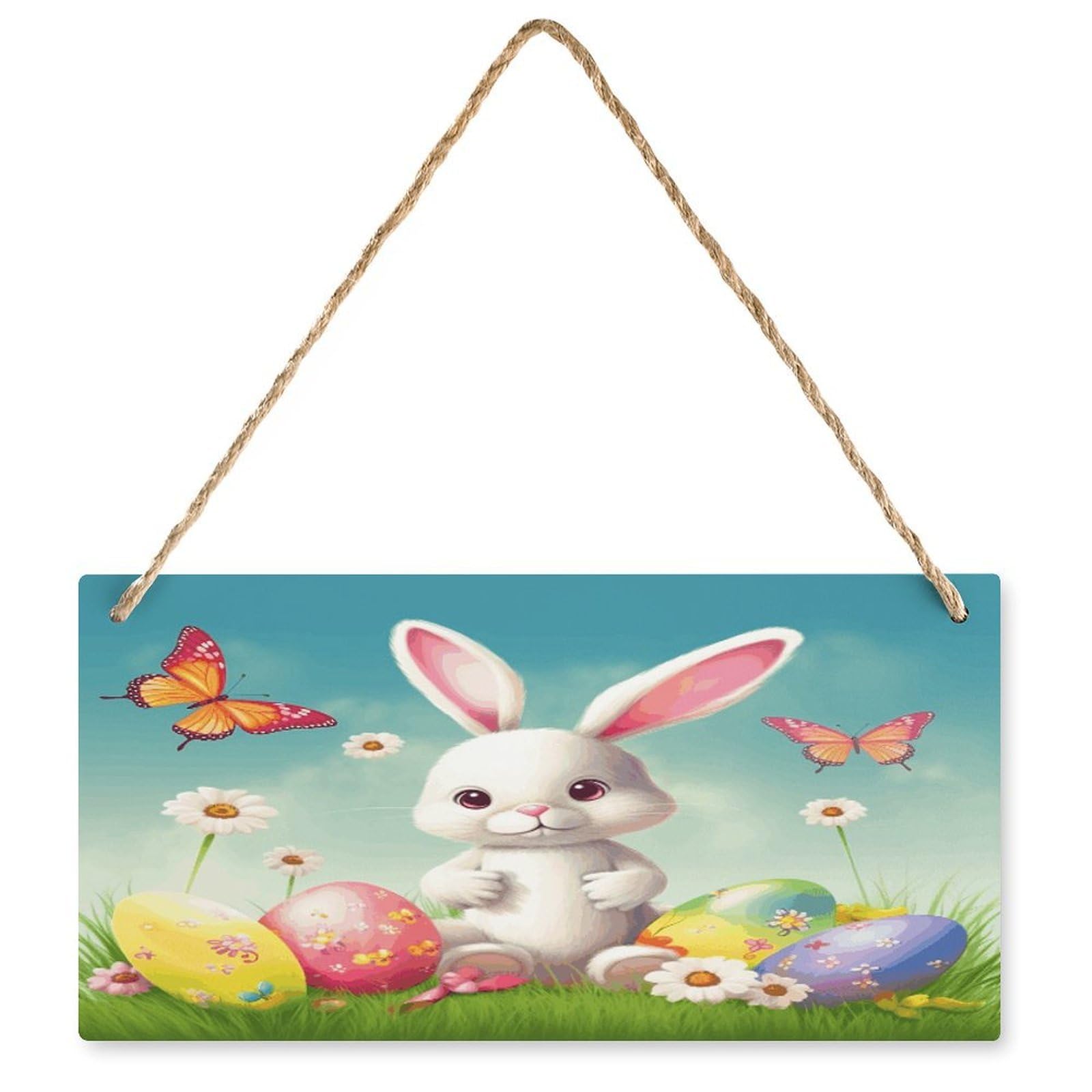 Fodpand Style Easter Bunny With Eggs And Spring Butterfly Wall Art Wooden Hanging Sign Decor, Artwork For Wall Decoration, Funny Plaque For Bedroom Kitchen Living Room Home Decoration 9.8 X 4.9 Inch