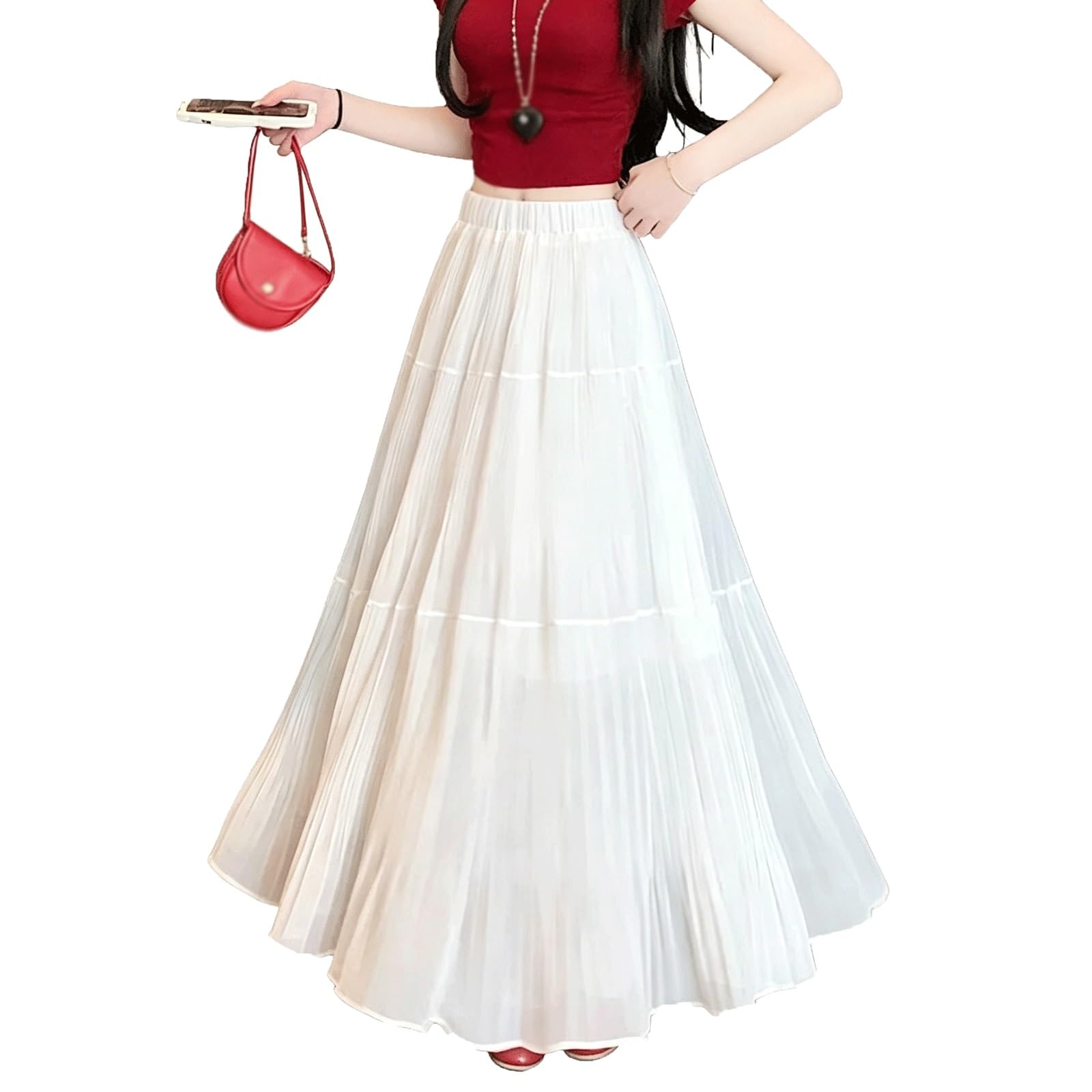 DUddTTW A-line Maxi Skirts Sequined Midi Length Flowy Long Skirt Women's Midi Skirt Drape Ankle Length Skirts High Waisted Swing Skirt(Wei�,Lagre)