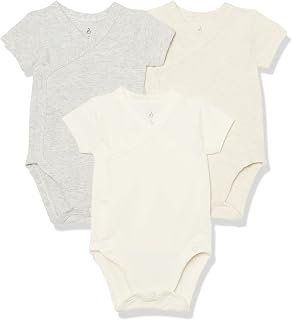 Amazon Aware Baby Boys' Cotton Short-Sleeve Side Snap Bodysuit, Pack of 3, Oatmeal Heather/Ivory, 18 Months