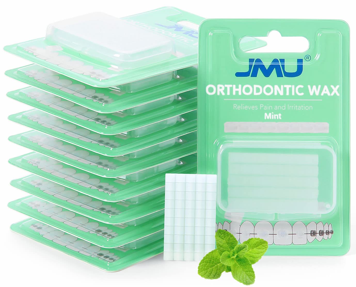 JMU Paquete de 10 ceras de ortodoncia, 500 soportes de cera precortada, soportes de cera dental, menta | Cera para aparatos ortopédicos de ortodoncia para soportes, alineadores