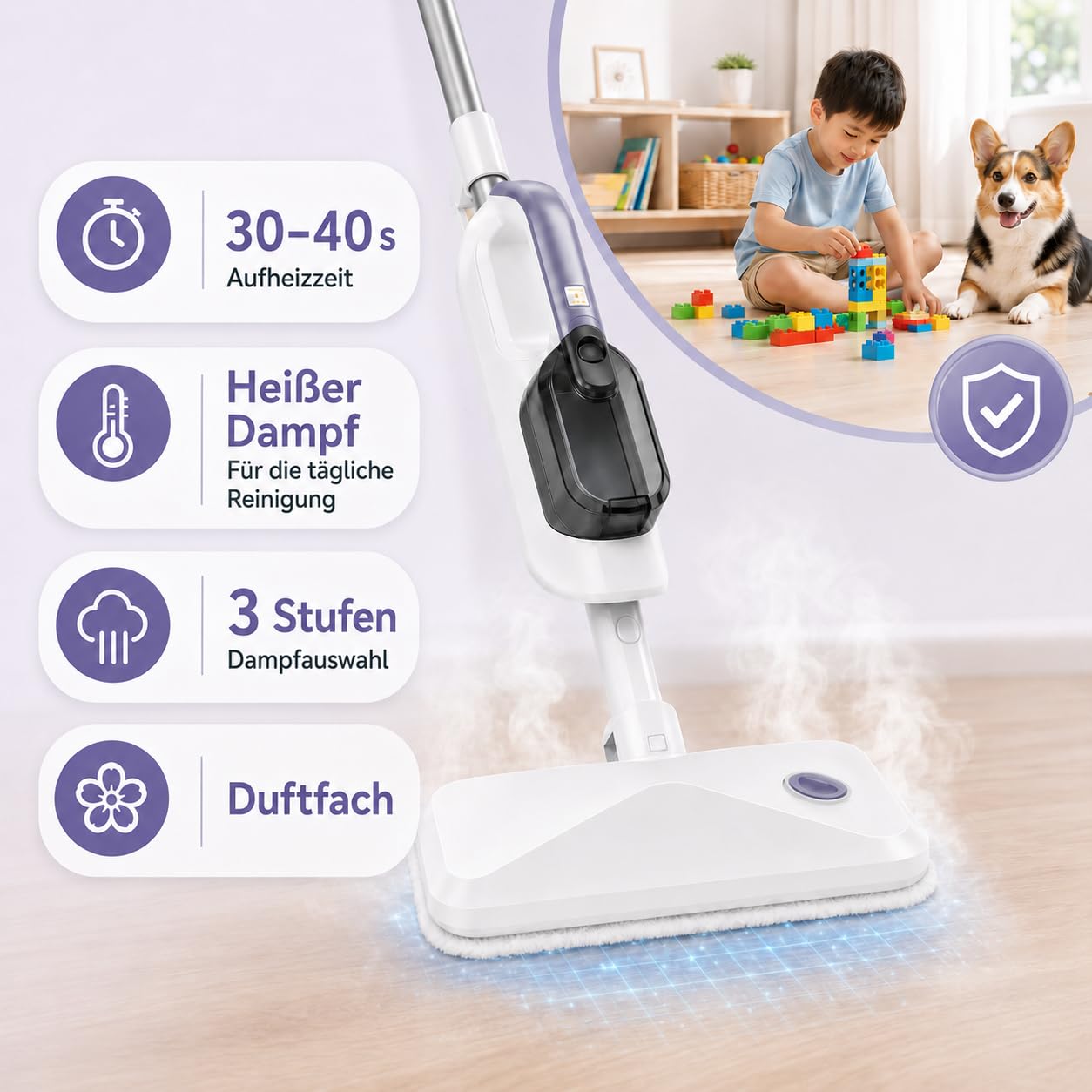 Dampfreiniger Handdampfreiniger, abnehmbar und multifunktional | 470 ml Wassertank, 3 Dampfstufen, Duftfach und 5 m Kabel, Standfunktion, für Fliesen, Laminat, Vinyl, Fenster, Polster & Auto