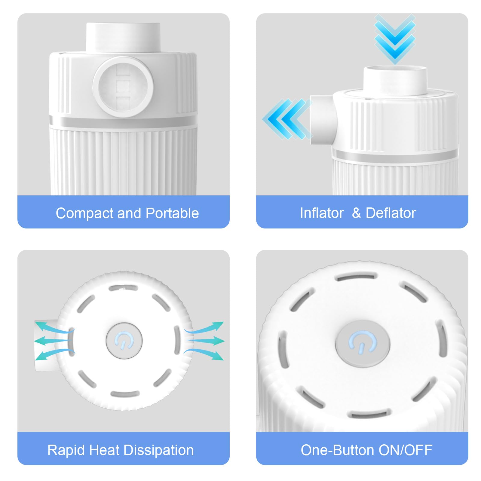 Pompa Sottovuoto da Viaggio, Pompa Elettrica Sottovuoto, 2-in-1 Doppia Funzione (Aspirazione e Gonfiaggio) con 3 Boccagli, per Sacchetti Sottovuoto Vestiti, Letti Gonfiabili,Ciambelle Piscina