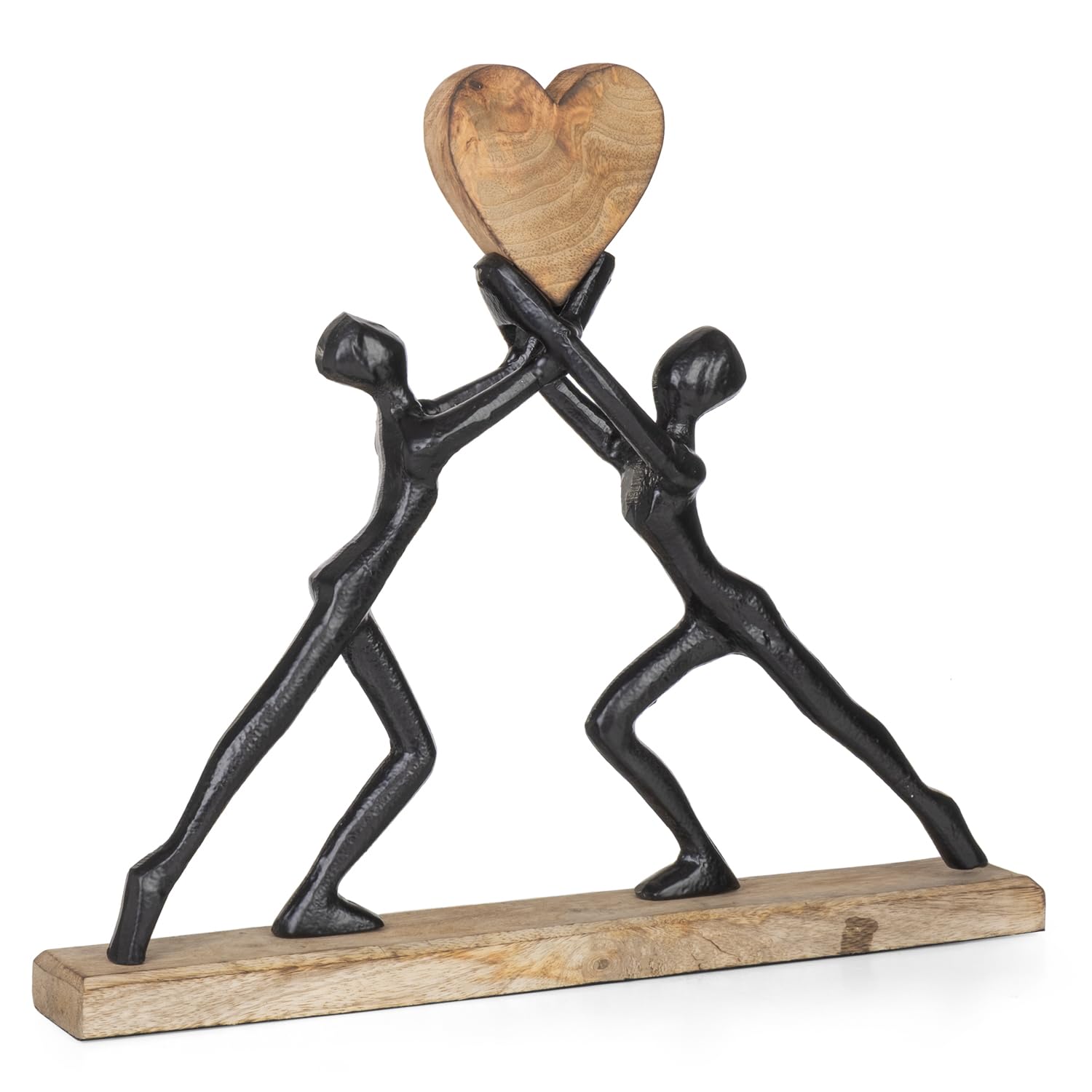 Nowoczesna rzeźba z aluminium i drewna 38 x 6 x 33 cm - figurka dekoracyjna z sercem na cokole z drewna mango - symboliczna dekoracja figury dla miłości, przyjaźni, spójności, partnerstwa