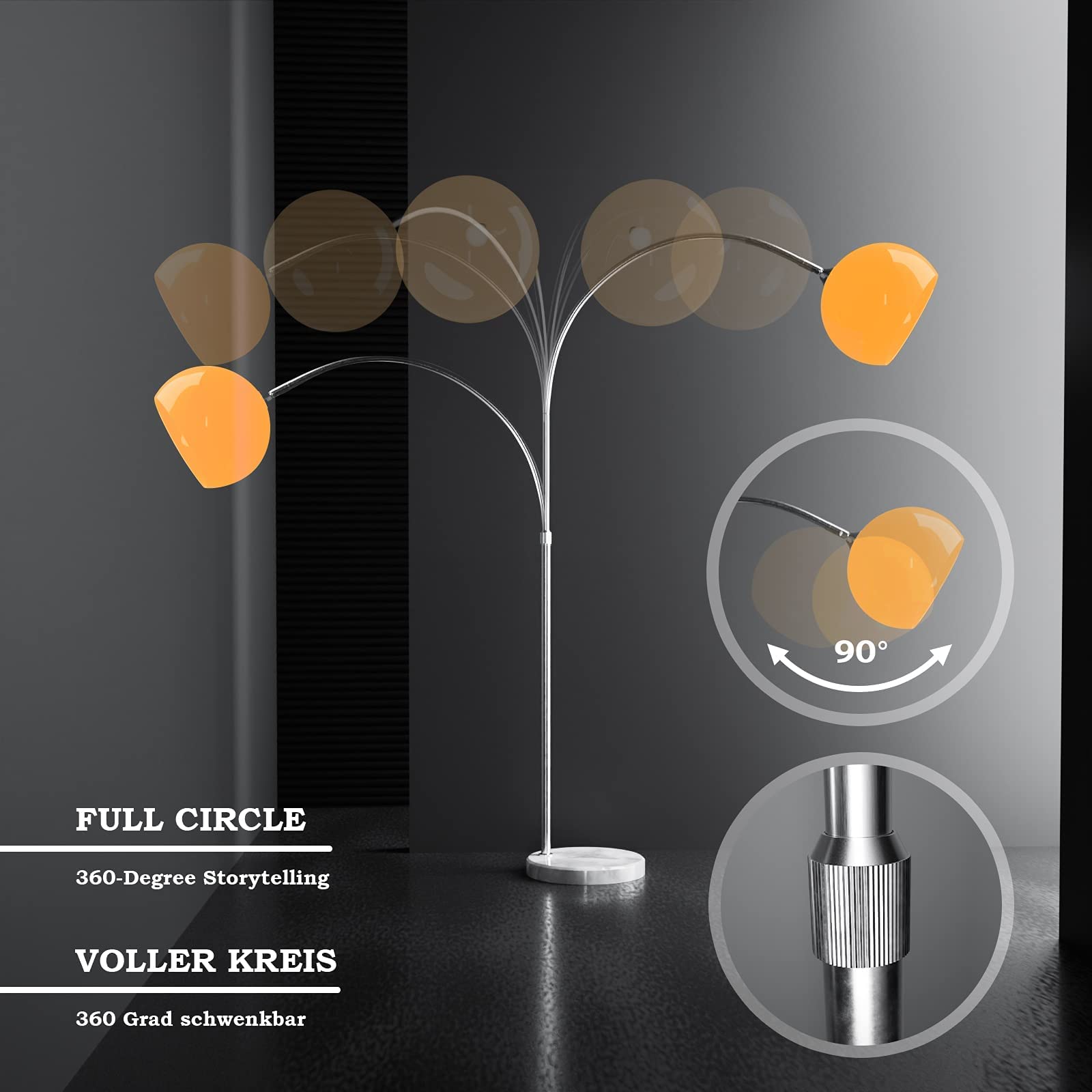 Jago® Bogenleuchte - Höhenverstellbar, A++ bis E, 145-220/130-180 cm, 1xE27 LED, max.60W, Orange/Weiß-Bogenlampe, Stehlampe, Stehleuchte, Standleuchte, Bogenstandleuchte (Höhe: 145-220 cm, Orange)