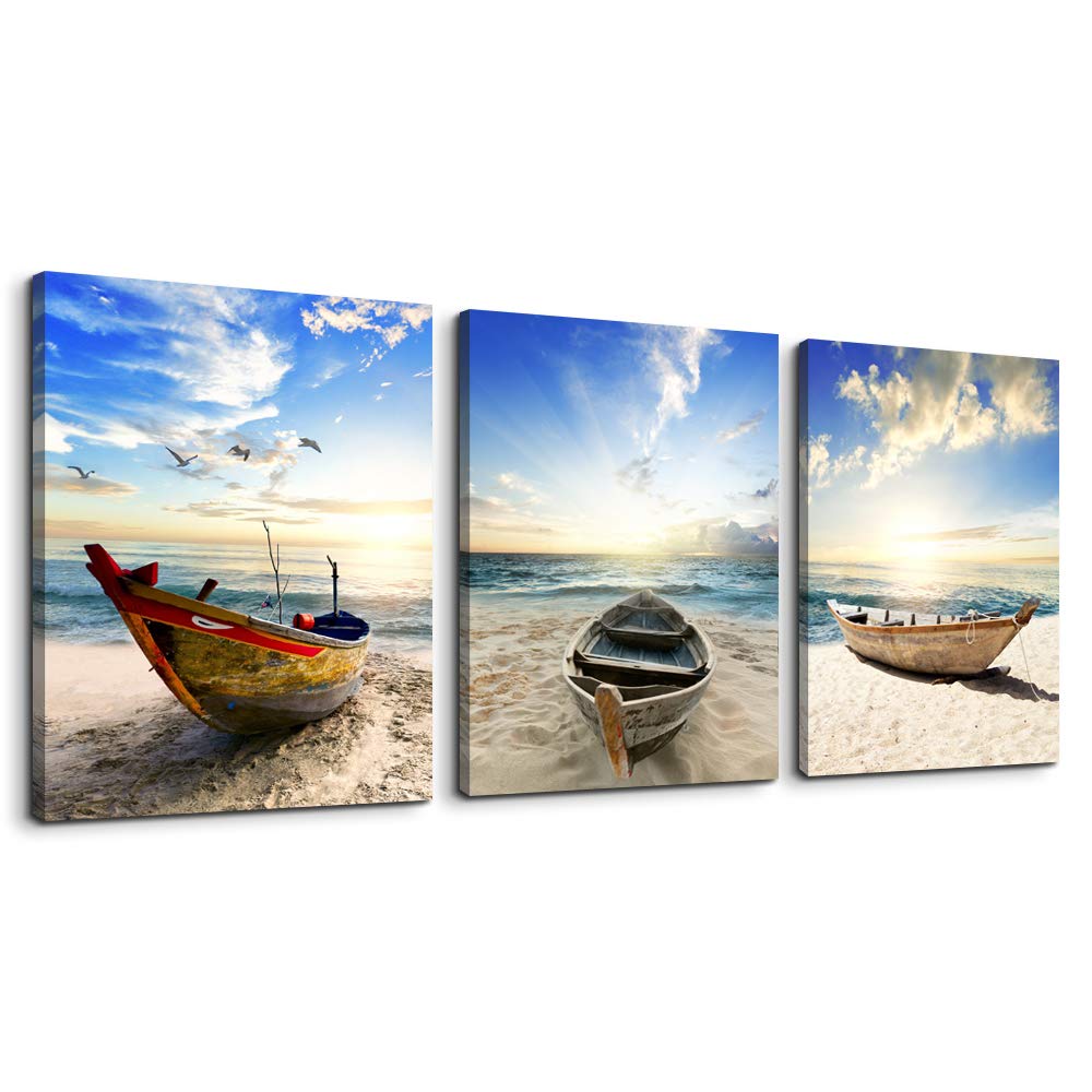 Canvas art bathroom Wall Art Decor for bedroom artwork Painting Blue ocean beach ship landscape office Canvas Prints pictures 16" x 24" 3 Pieces Modern framed kitchen wall decorations for living room