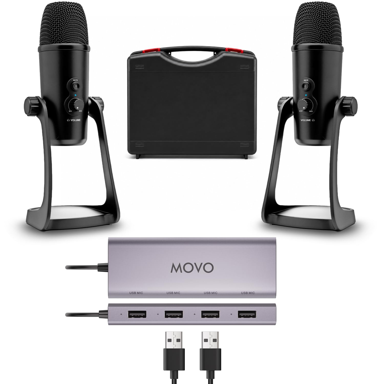 Movo Set di apparecchiature per podcast USB per 2 - Interfaccia USB con 2 microfoni a condensatore UM700 - Hub alimentato a 4 porte per streaming, podcasting, interviste (con 2 microfoni)