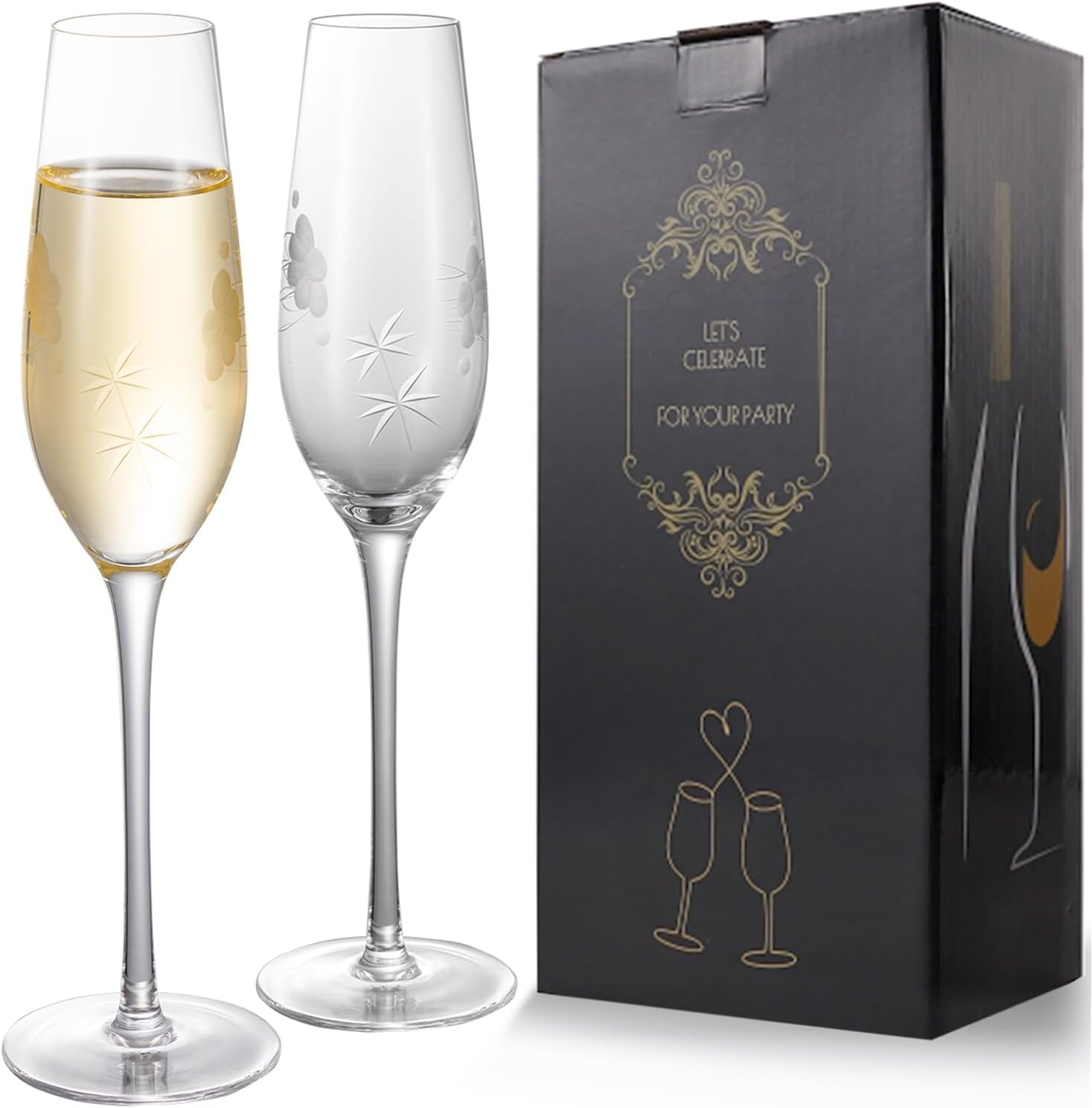 Champagne Flutes, Wedding Champagne Glasses for Bride and Groom Toasting Set of 2 with Engraved Romantic Clouds and Stars Design, Bridal Shower Anniversary Decorations