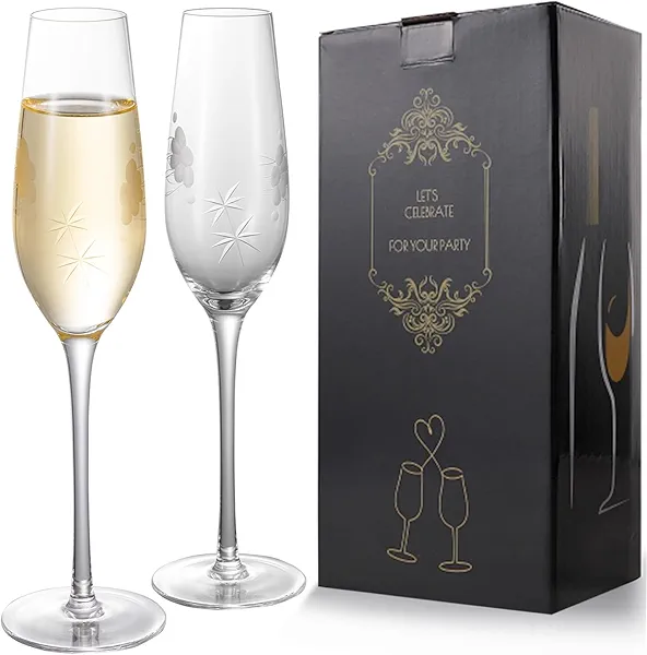VARLKA Champagne Flutes, Wedding Champagne Glasses for Bride and Groom Toasting Set of 2 with Engraved Romantic Clouds and Stars Design, Bridal Shower Anniversary Decorations