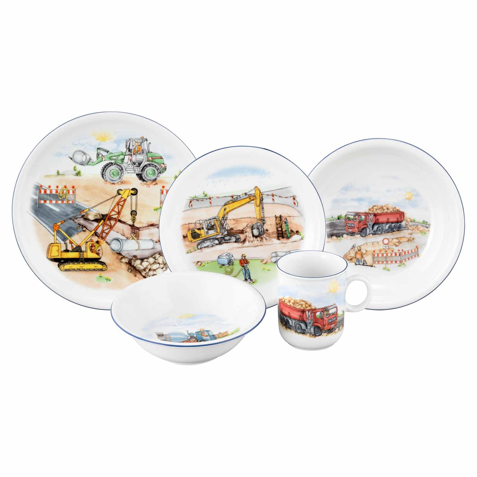 Seltmann Weiden Service de table compact pour enfant 5 pièces, ensemble d'assiettes, bol et gobelet pour enfants, service pour enfants avec motifs colorés, porcelaine, sur le chantier