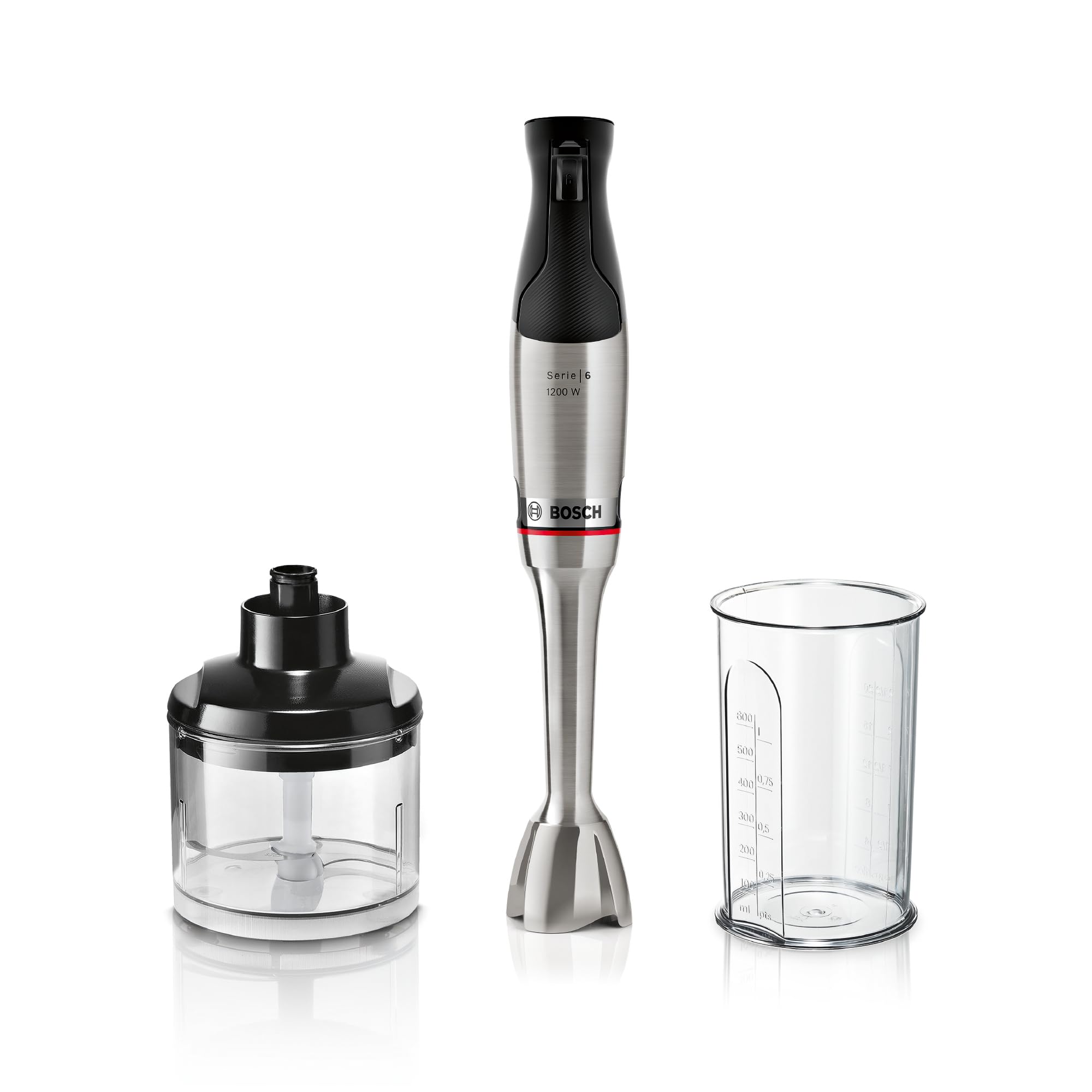 Bosch, blender ręczny, ErgoMaster Series 6, silnik 1200 W z chłodzeniem powietrznym, dynamiczna regulacja prędkości, system QuattroBlade Pro, akcesoria w zestawie, MSM6M820