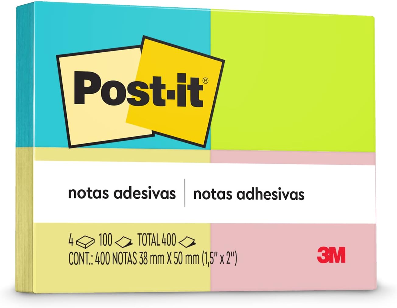 Post-it, 3M, Blocos de Notas Adesivas Neon 4 cores - 4 Blocos de 38 mm x 50 mm - 100 folhas cada Varieda