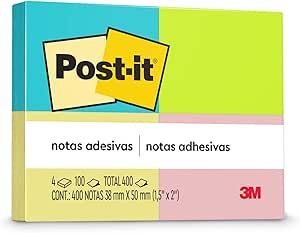 Post-it, 3M, Blocos de Notas Adesivas Neon 4 cores - 4 Blocos de 38 mm x 50 mm - 100 folhas cada Varieda