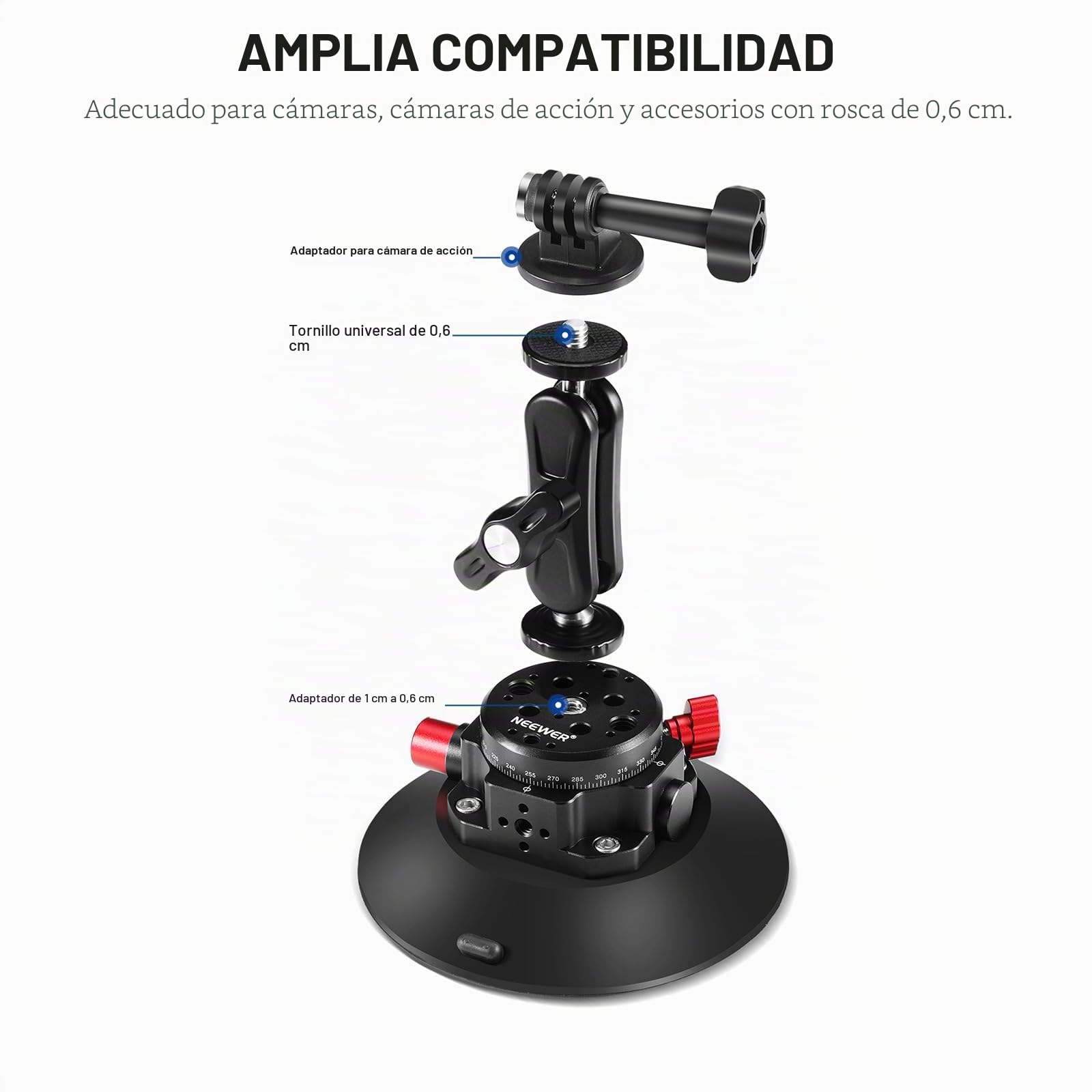 NEEWER Soporte de cámara con ventosa de 6 pulgadas compatible con GoPro, cabeza de bola de metal para parabrisas de coche, brazo mágico con adaptador de cámara de acción, paño de limpieza para soporte