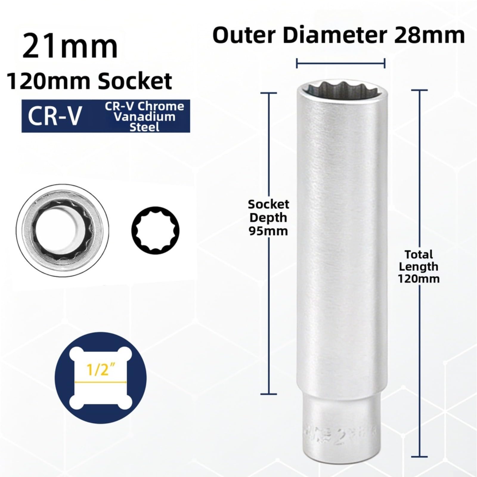 Juego de llaves de vaso de 12 puntos, acero al cromo vanadio de largo alcance, 1/2 pulgada Drive 8-22 mm para kit de reparación de mecánicos de automóviles, 12 unidades