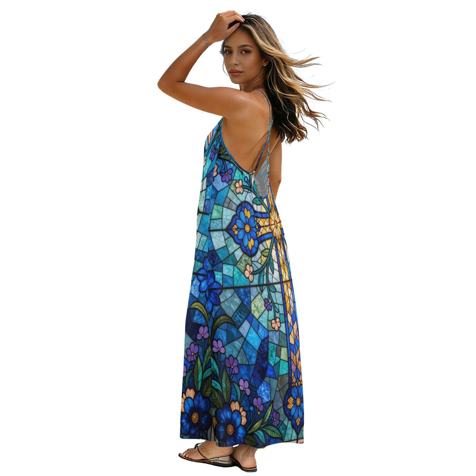 Robe caraco dos nu fluide vitrail croix chrétienne bleu pour femme taille M - 7