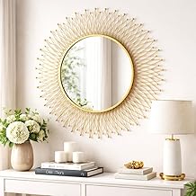 Modern Stylish Wall Mirrors Round Sunburst Gold European Decorative Mirrors of Wall Wall Mounted Handmade Makeup Mirror for Living Room Hallway Bedroom 24'' Gold