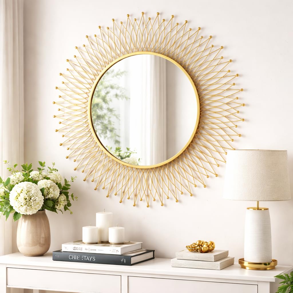 The arts box Modern Stylish Wall Mirrors Round Sunburst Gold European Decorative Mirrors of Wall Wall Mounted Handmade Makeup Mirror for Living Room Hallway Bedroom 24'' Gold