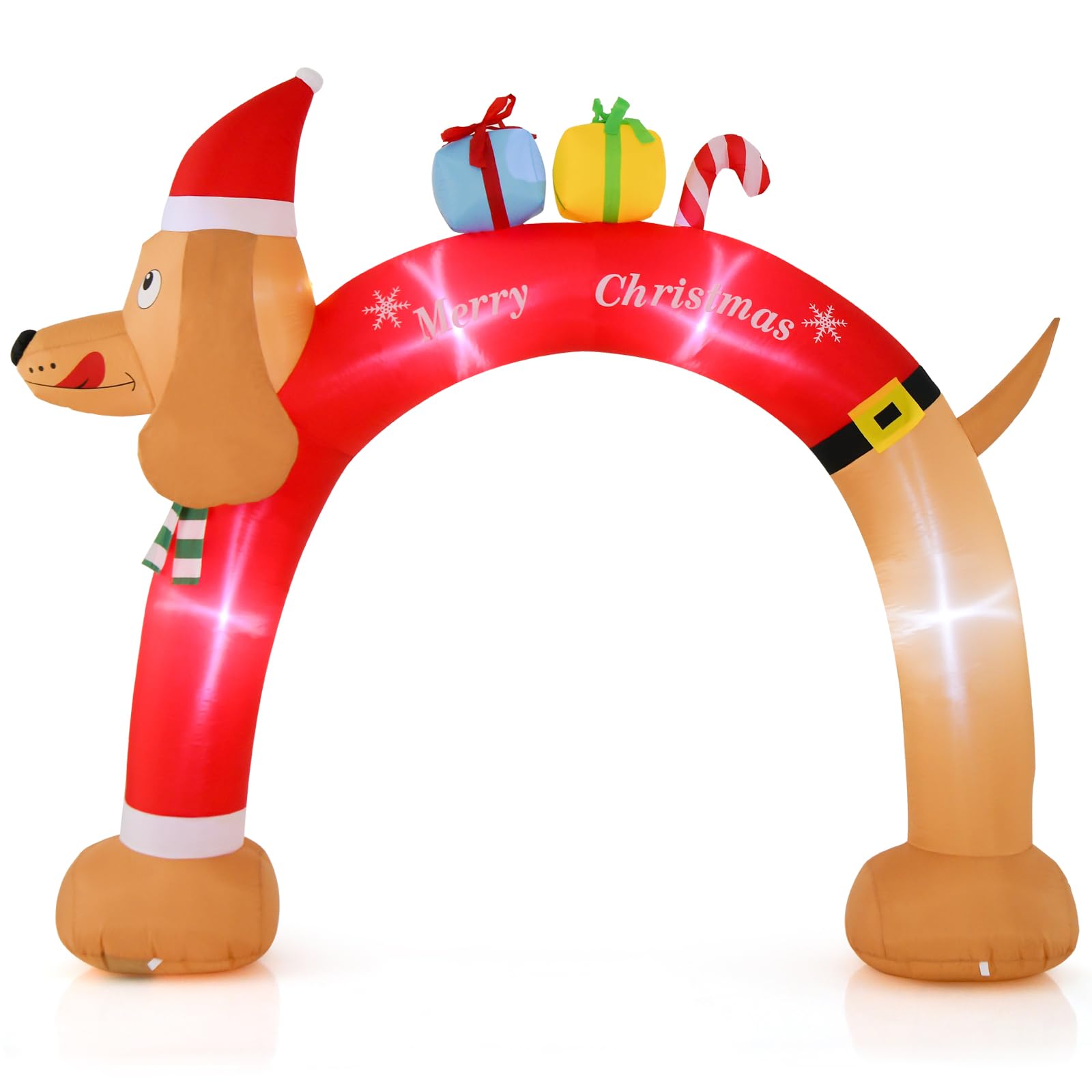 GYMAX Arche Gonflable de Noël Lumineux 242cm, Décoration de Noël Gonflable pour Extérieur Intérieur, Lumineux LED et Souffleur Intégrés, Cordes et Piquets, Décoration Festive