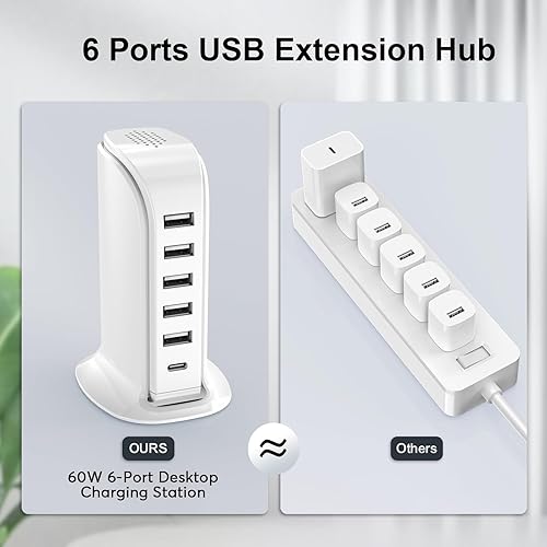Miniatura 3 de Estación de carga para múltiples dispositivos Upoy, torre de hub USB multi con 5 USB+1 puertos tipo C, bloque de cargador USB C de carga rápida para