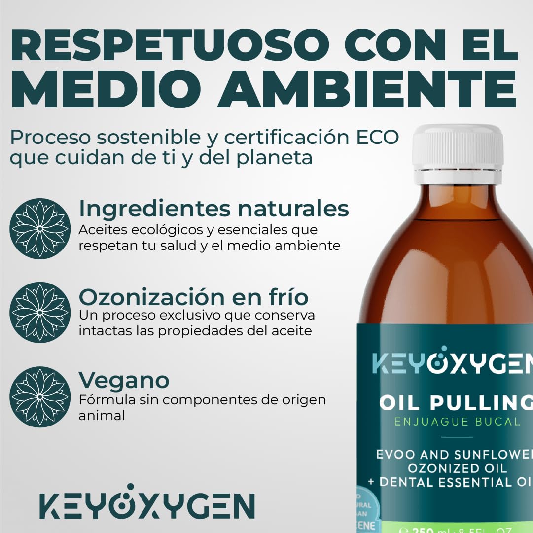 Enjuague Bucal Oil Pulling sin Alcohol Natural para Encias y Dientes con Aceite de Oliva Virgen Extra y Girasol Ozonizados + Aliento fresco y Cuidado de la Mucosa Bucodental