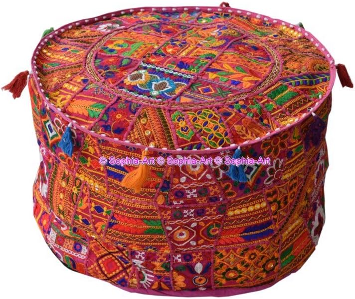 Sophia-Art Indian Embroidered Patchwork Cover Indian Decorative Pouf Indian Comfortable Floor Cotton Cushion Ottoman Pouf,Indian Designs Ethnic Patchwork Pouf (Pink Rajkoti, 14"x22")