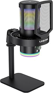LiNKFOR USB Gaming Microphone with RGB Lighting, Noise Cancellation, Mute Button & Volume Control, Condenser Mic for Strea…