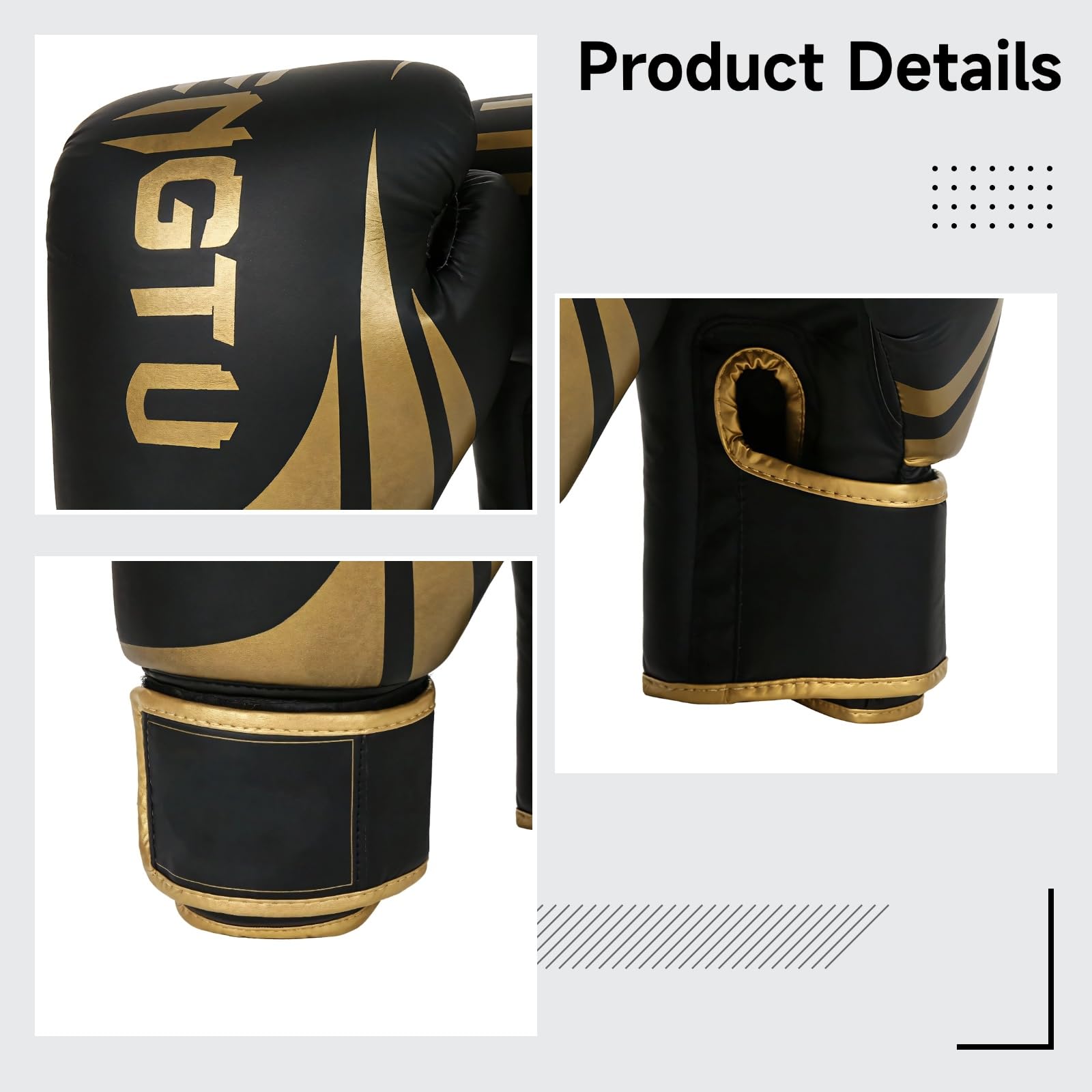 Guantoni da boxe per adolescenti, guanti da palestra in pelle PU con schiuma imbottita, guanti da allenamento con polso elastico, abbigliamento sportivo nero oro, 226,8 g, per mani di lunghezza 14-17