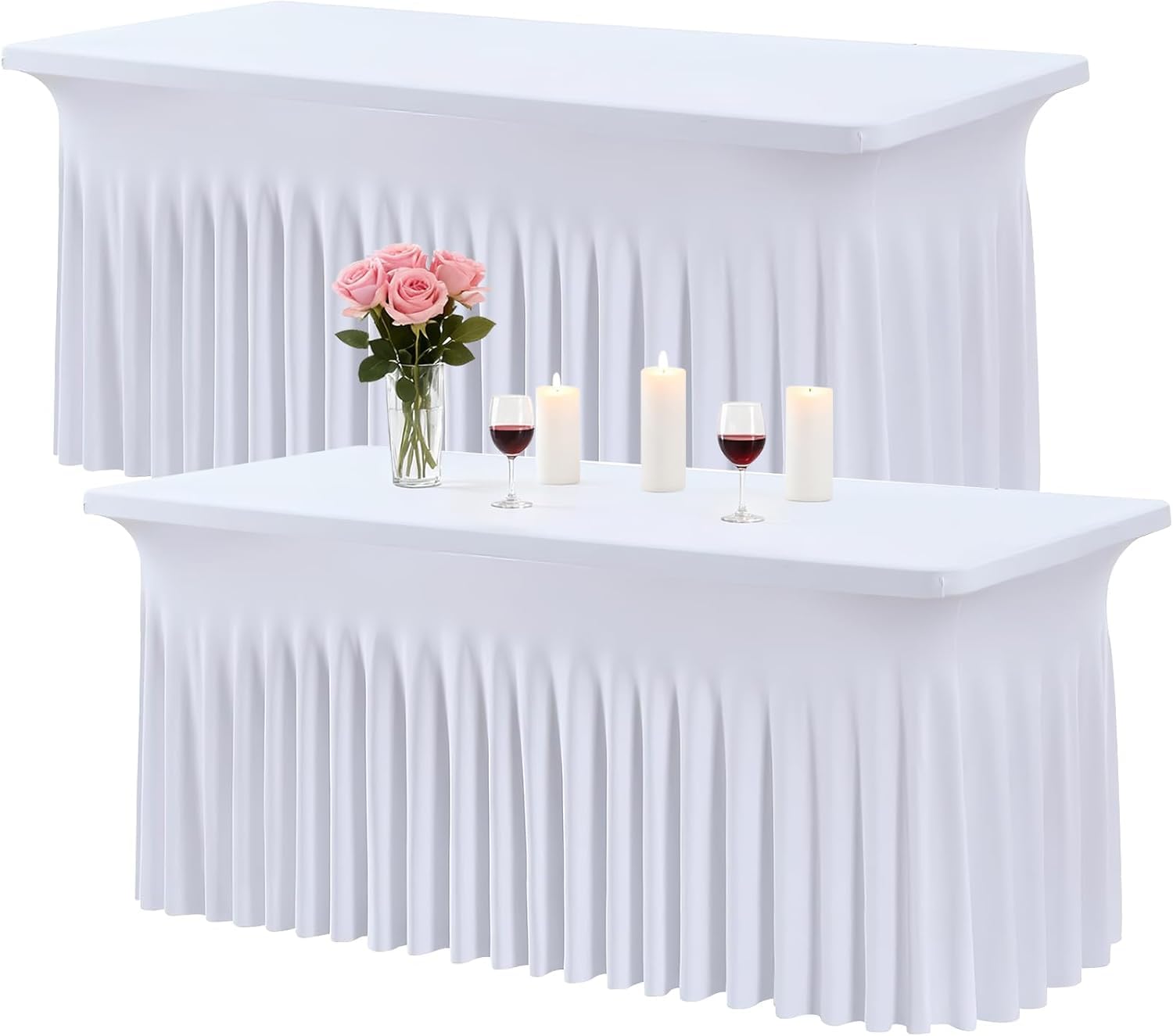 2er Set Tischrock Weiß 183 x 76 cm (6ft) Stretch Spandex Tischhusse rechteckig - Faltenrock Tischdecke & Skirting für Hochzeit Party Buffet Gastronomie - Tischverkleidung Bügelfrei & Waschbar