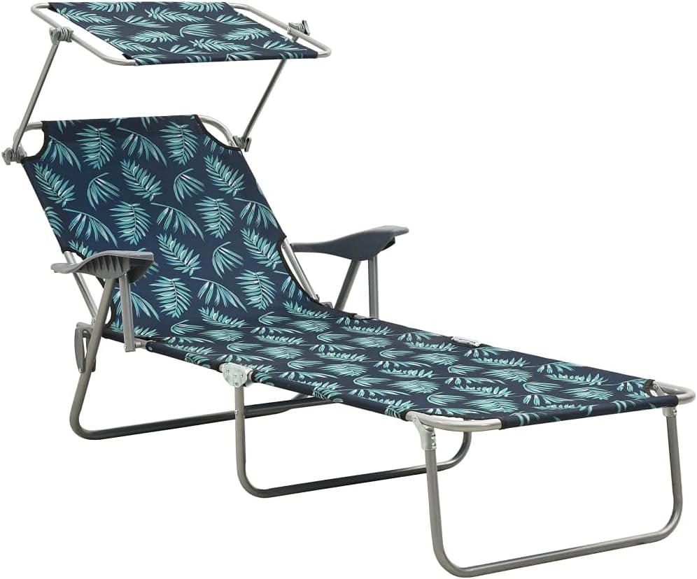 Sun Lounger with Canopy,Outdoor Chaise Lounge,Patio Lounge Chair,Beach Sunbathing Chair,Camping Chair,Portable Loungers,for Outdoor Sunbathing,Patios,Pools,Lawns,Camping,Steel Leaf Print