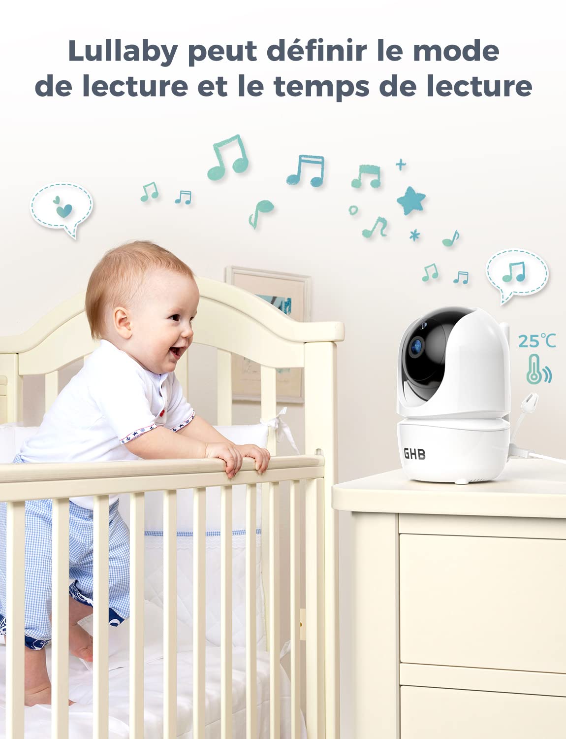 GHB Babyphone Camera 5" 720P Rotation 350° 4000 mAh Vision Nocturne | VOX, Vidéo, Support 4 Caméras, Capteur Température