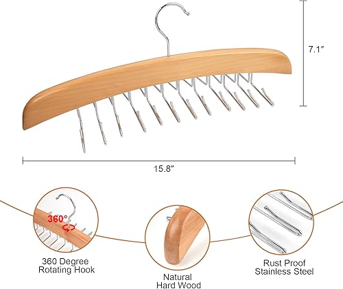 Miniatura 5 de Estante para corbatas, 24 ganchos de madera con ganchos de metal giratorios de 360 mejorados, organizador de armario para corbatas, cinturones,