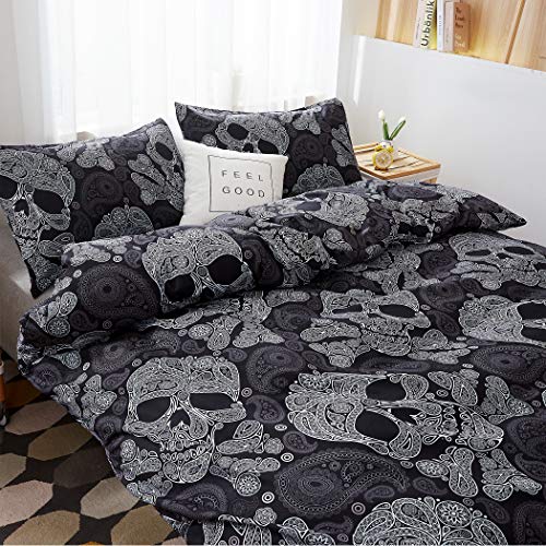 Lamejor Duvet Cover Set King Size Halloween Decor Skull Skeleton/Paisley Floral Pattern Luxury Soft Bedding Set Comforter Cover (1 Duvet Cover+2 Pillowcases) Black #TOP2
