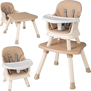 GYMAX 6 in 1 High Chairs, Convertible Baby Dining Highchair with Adjustable and Removable Tray & 5-Point Seat Harness, Multifunctional Infant Feeding Chair for Toddler (Light Brown, 58 x 58 x 98 cm)