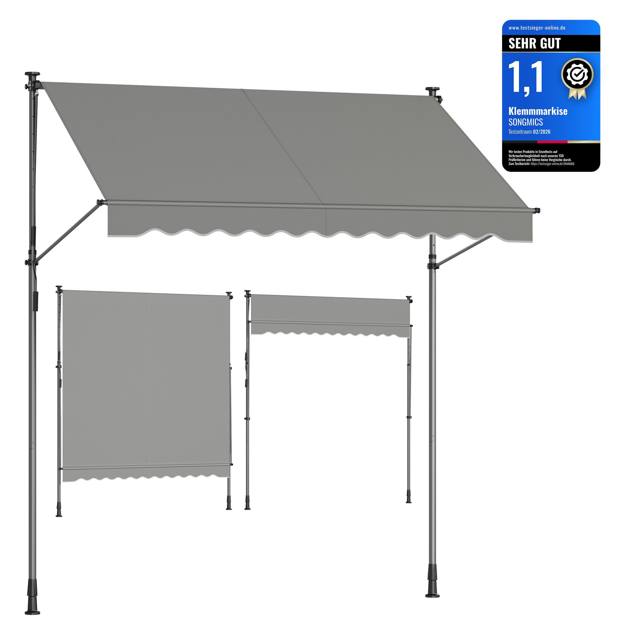 SONGMICS Klemmmarkise, Balkonmarkise, höhenverstellbar, mit Handkurbel, Sonnenschutz, für Balkon, Terrasse, Garten, 250 x 120 cm, grau GSA252G01