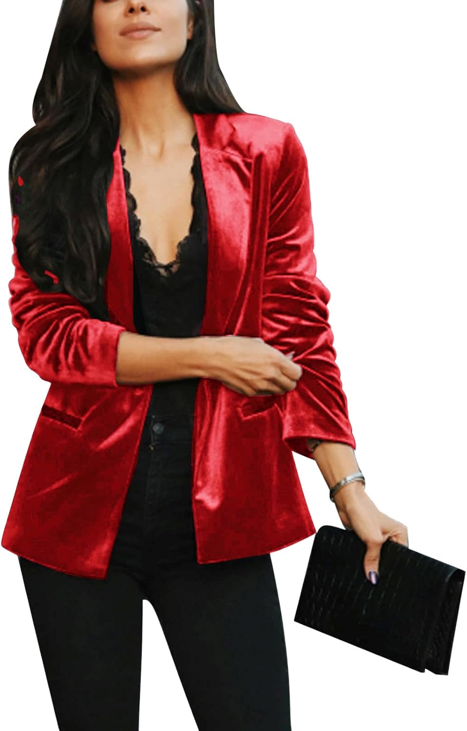 Women’s Velvet Suit Blazer Jacket Casual Office Work Long Sleeve Button Pockets Tailored Jacket Coat Blazer