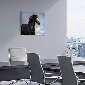 Amazon.co.jp: 黒い馬の絵画キャンバスアート：野生動物絵のプリント