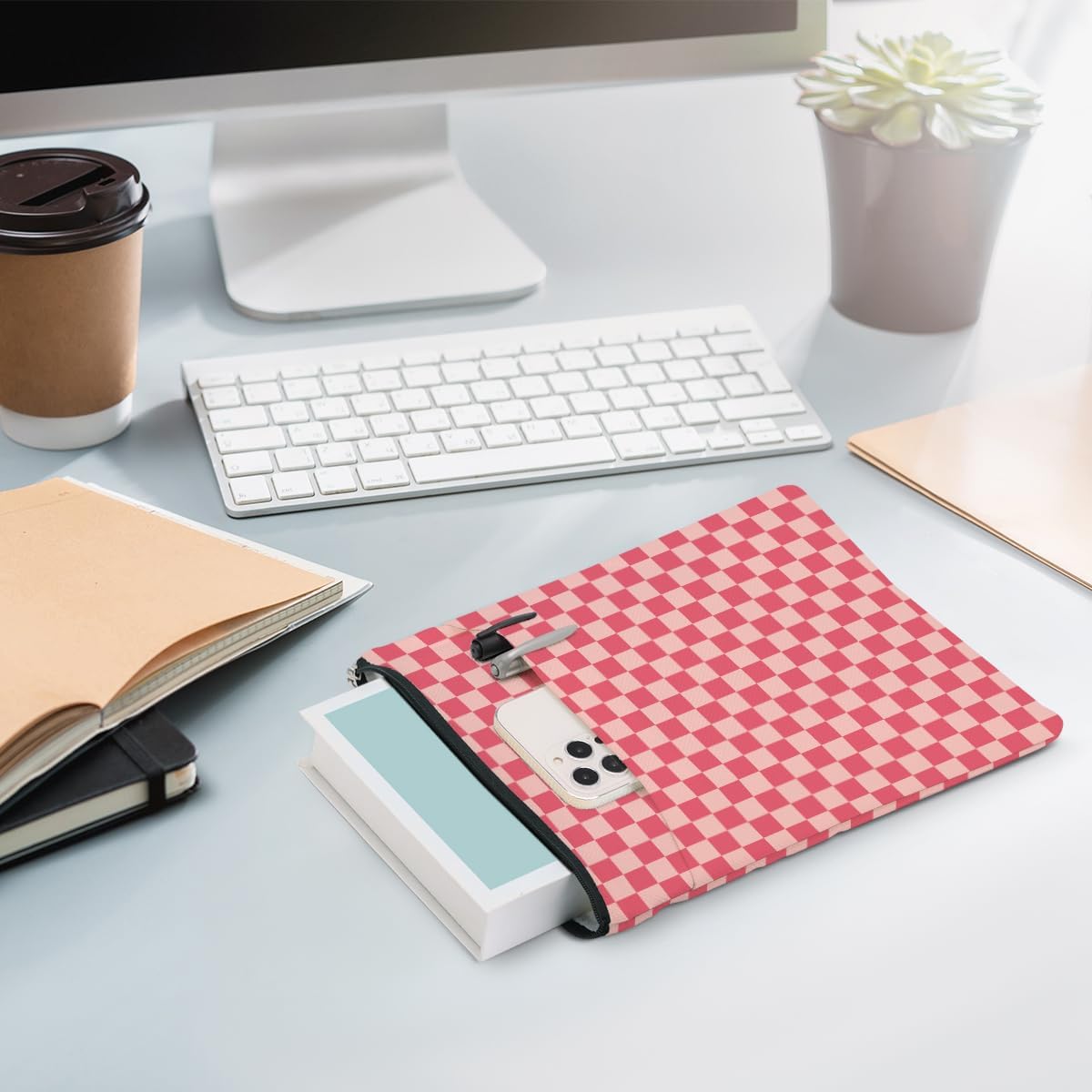 Pink Checkered Pattern Book Lovers Gifts Waterproof Book Sleeve Book Pouch Book Protector with Zipper & Front Pocket BookCover Case for Women Girl Readers Librarian Book Accessories Book Club Gifts