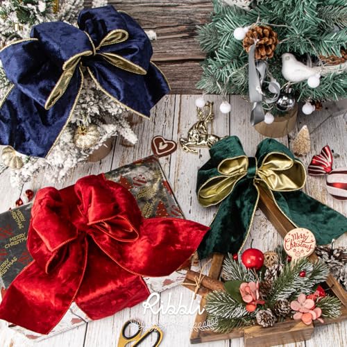 Image of Ribbli Forest Green Velvet Wired Ribbon 4 Inch Metallic Green Gold Crushed Velvet Christmas Ribbon for Gift Wrapping Christmas Tree Decoration Crafts Wreaths Supplies-Continuous 10 Yards