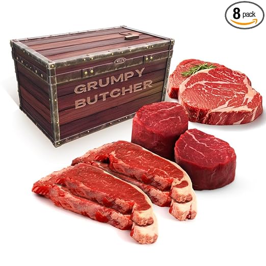 Grumpy Butcher 8 Steaks Premium Set - 4 NY Strips (10 oz), 2 Ribeye Steaks (14 oz), 2 Large Filet Mignons (8 oz) - Steakhouse Quality Meat Gourmet Gift Basket