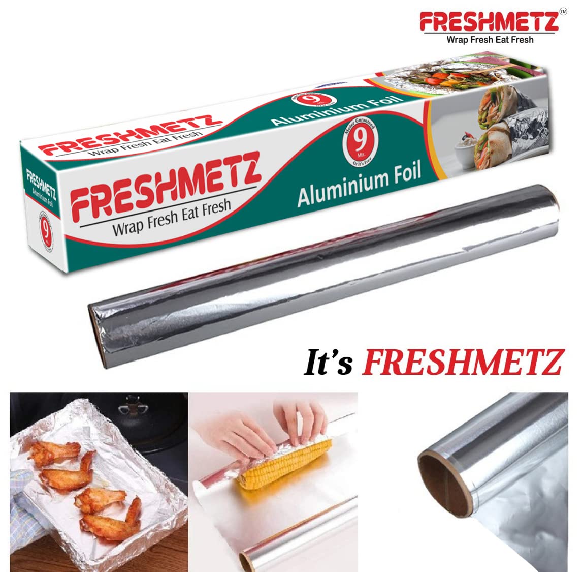 Freshmetz Aluminium Foil 9 Meter Roll | 11 Micron Food Grade Silver Foil Paper | Pack of 4 | Ideal for Tiffin Packing, Cooking, Baking & Food Storage 1