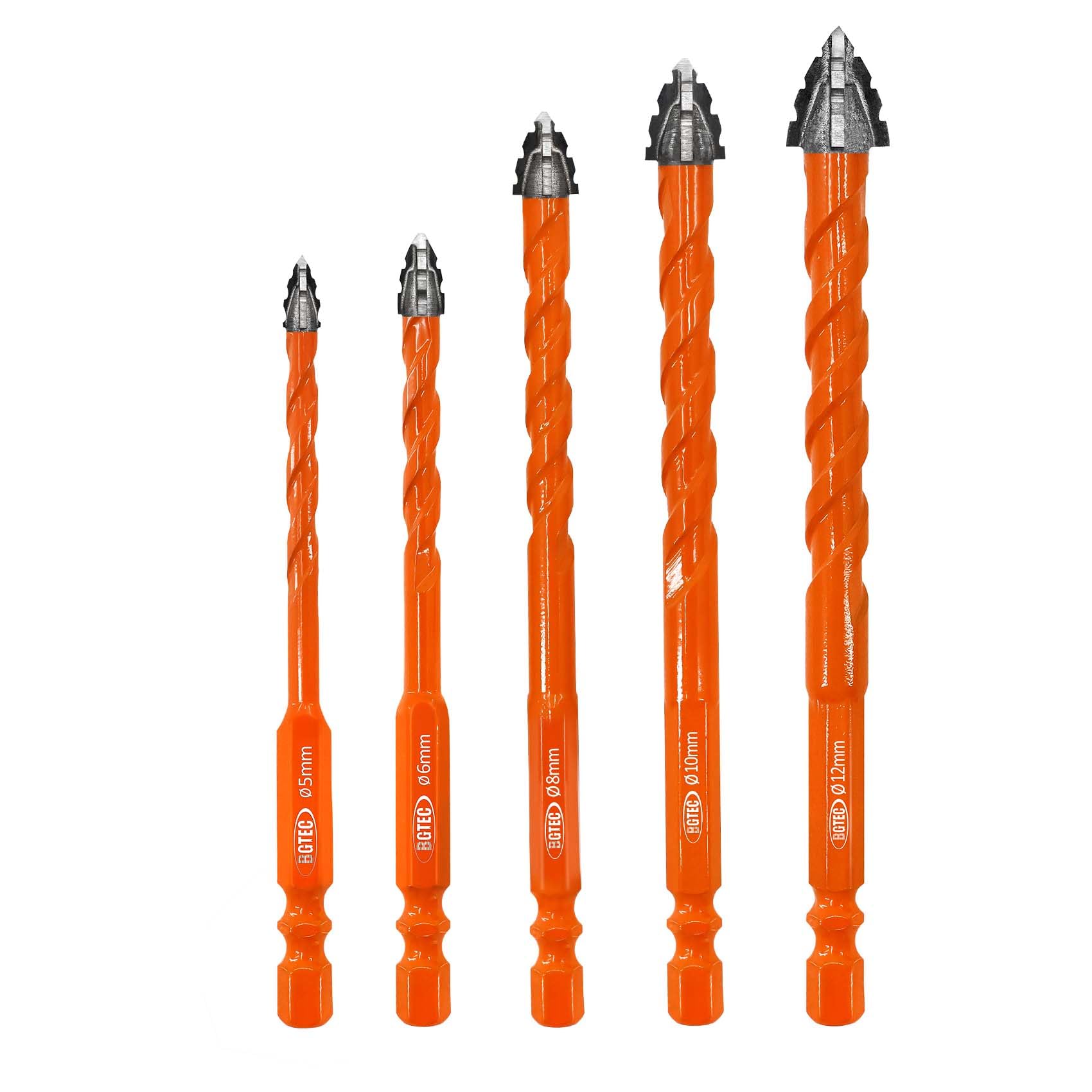 BGTEC Juego de Brocas de Carburo para Mampostería - 5 Piezas 5/6/8/10/12mm Professional Brocas Porcelanico Set para Madera, Plástico, Ladrillo, Cerámica, Vidrio, Hormigón y Mármol
