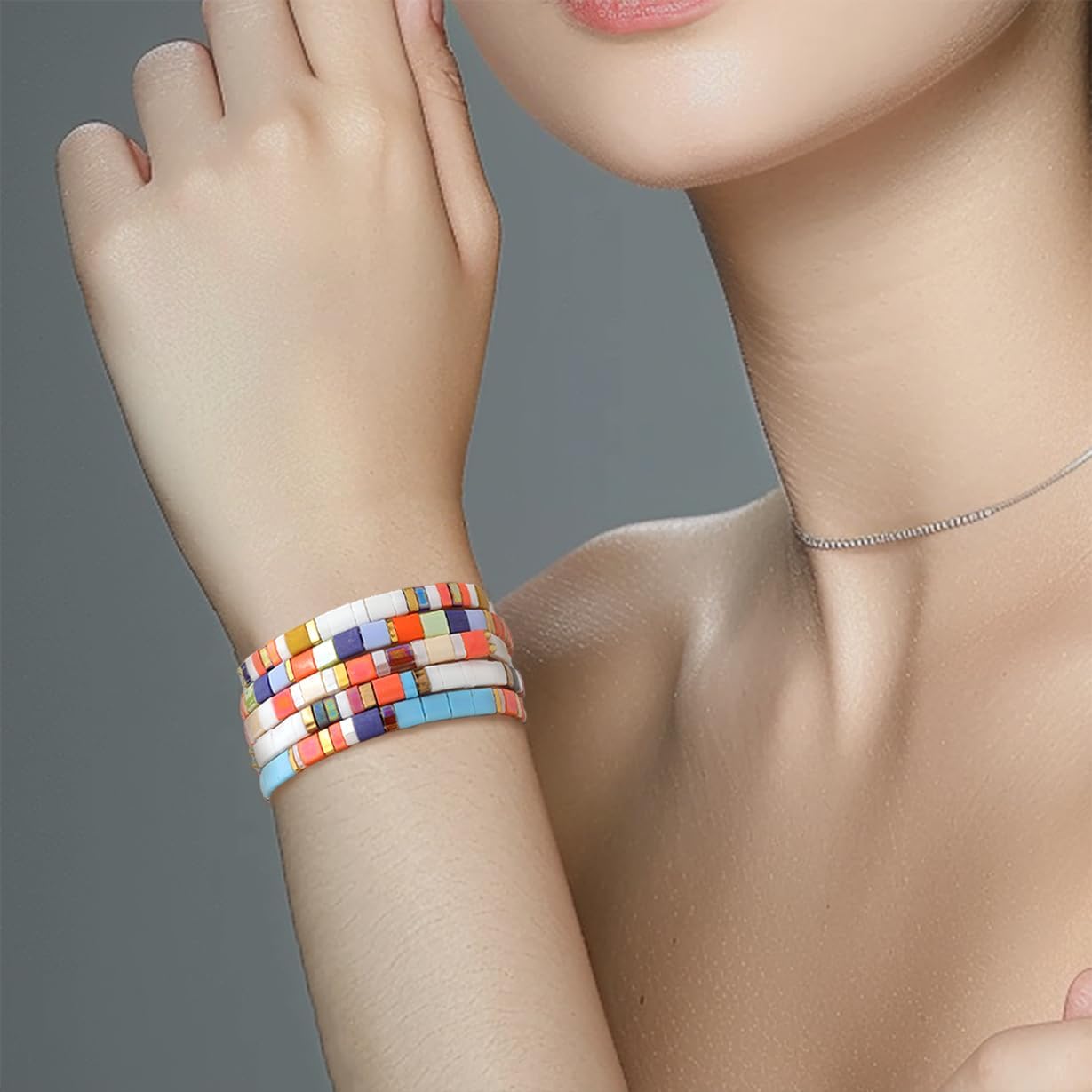 Sonateomber Tila Flat Beaded Stretch Bracelets for Women, Trendy Unique Handmade Stackable Orange Square Beads Miyuk Link Bracelet Summer Jewelry Gift - Image 2