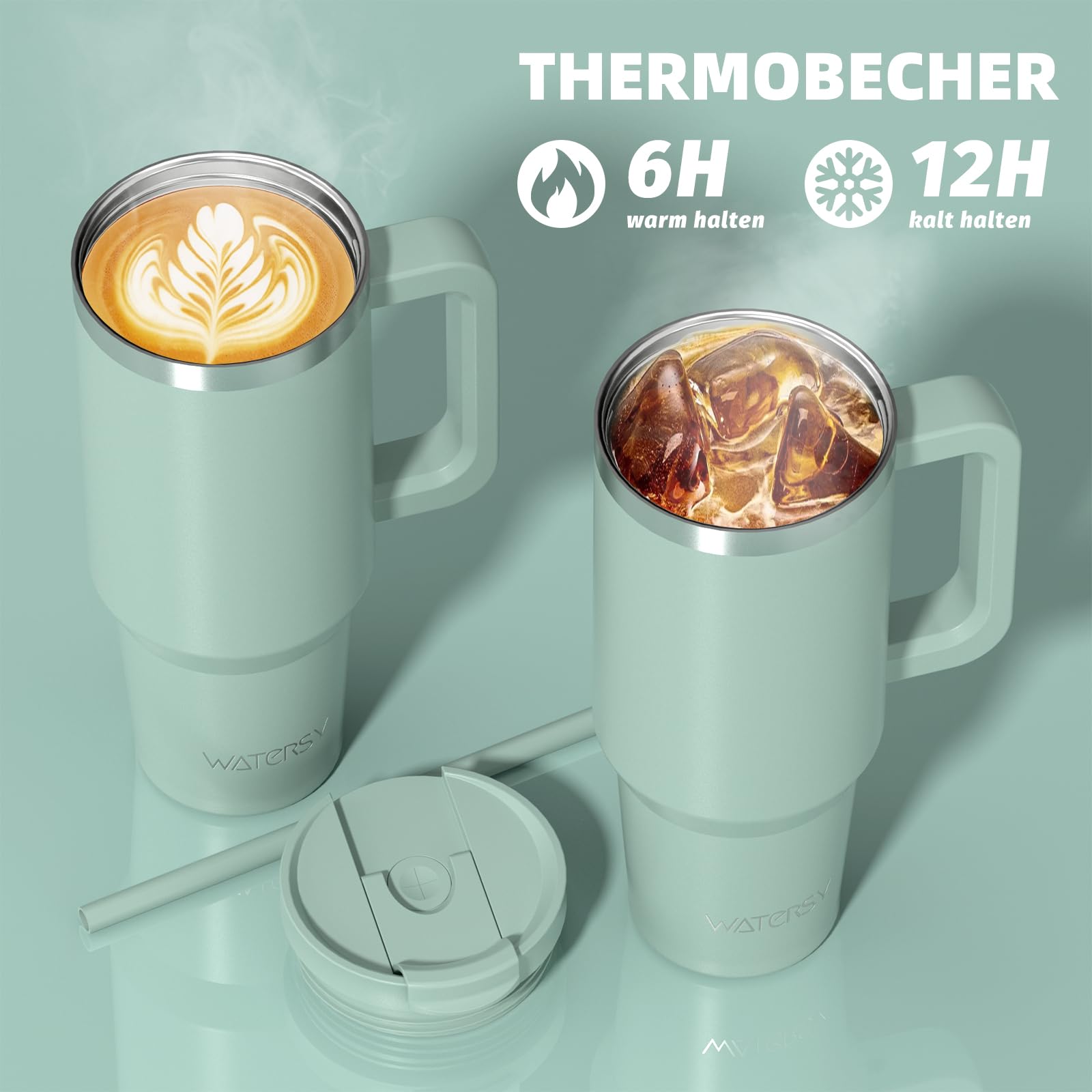 Watersy Bouteille Isotherme Inoxydable 1,2 L avec 2 Pailles, Gobelet à Café anti-Fuite, Isotherme Sous vide avec Couvercle à vis sans BPA, Gourde Rafraîchissante Pendant 12 Heures, Vert Rétro
