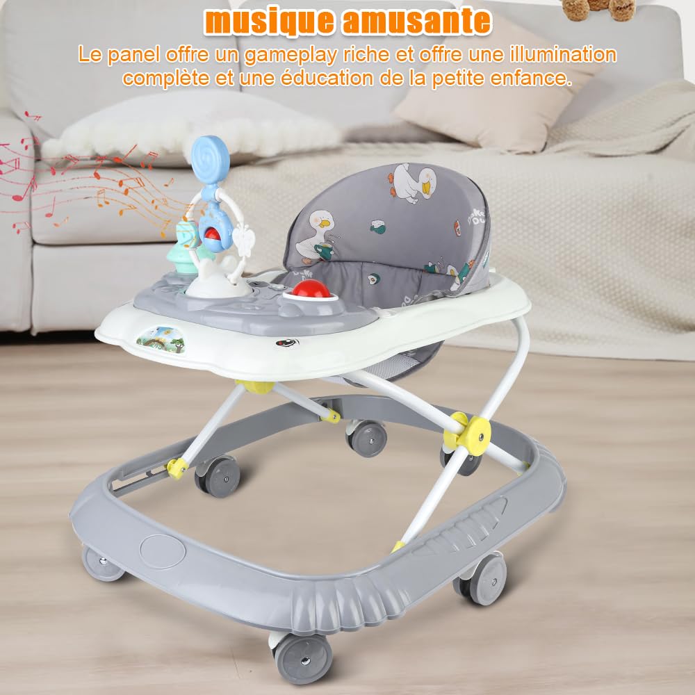 Girello per bambini 5 in 1, girello pieghevole per bambini, con 4 altezze regolabili, luci, musica, vassoio attività rimovibile, portata 12 kg, per 6 mesi-67 x 72 x 92 cm, grigio (B)