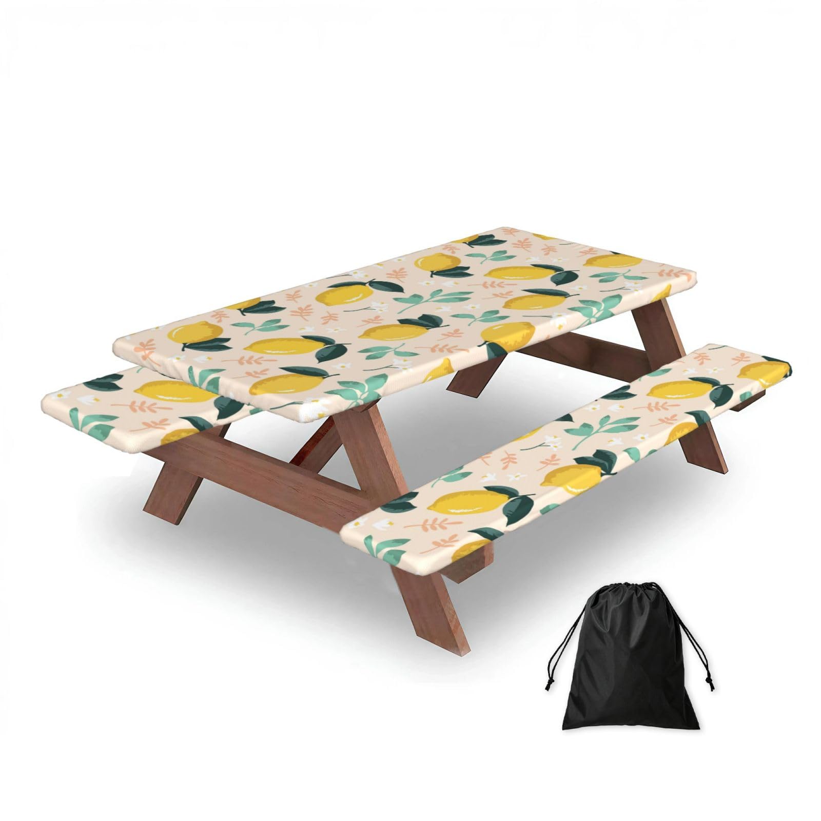 Fresh Yellow Lemons Summer Fruits, Picnic Table Cover With Bench Covers -Waterproof Elastic Fitted Tablecloth for Garden Camping Patio 76x152cm