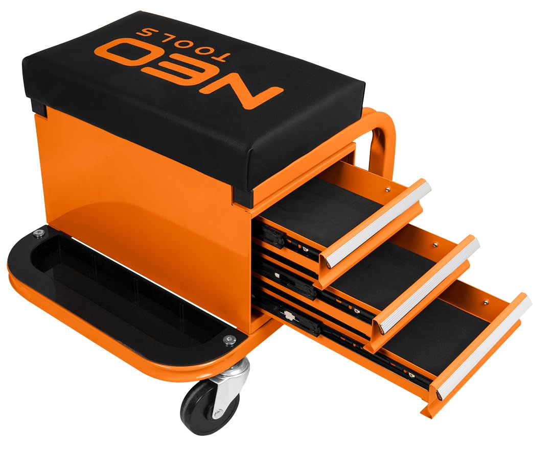 NEO TOOLS Werkstatthocker mit Ablagefläche 38 x 39 x 37 cm mit Rollen Werkstattwagen Werkzeugwagen Werkstatt-Rollsitz Werkstattsitz fahrbar mit 4 Rollen und 3 Ablagen