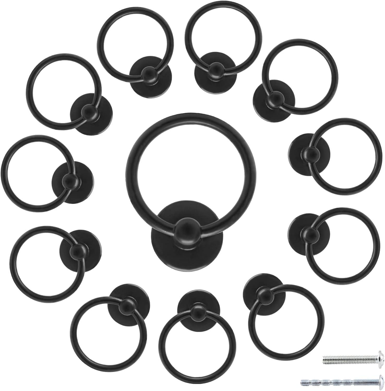 12 Pcs Antique Round Ring Drawer Pulls, Matte Black Vintage Cabinet Drop Ring Knob Pull Handles with Screws for Furniture, Kitchen, Cupboard, Wardrobe, Dresser