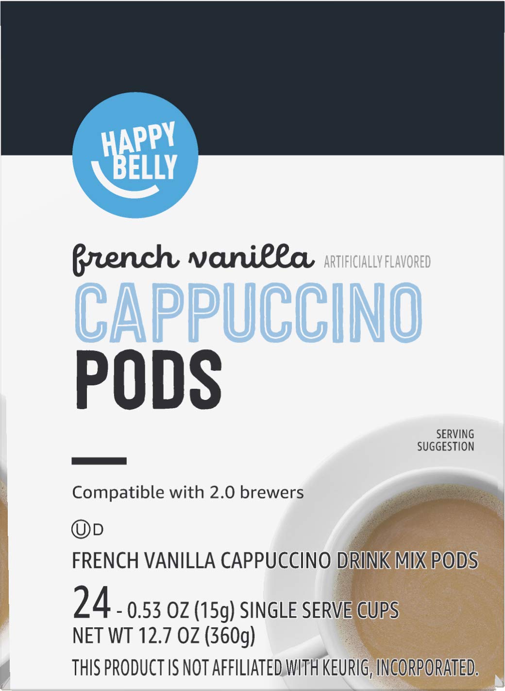 Amazon Brand - Happy Belly Cappuccino Coffee Pods Light Roast Compatible with 2.0 K-Cup Brewers,French Vanilla Flavored,1.5 pound,24 Count (Pack of 2)