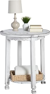 Rustic Cottage Round End Table w/ 1 Shelf, White Antique, 20" x 20" x 24", Farmhouse Style - Unique Accent Piece, Constructed of Select Hardwoods/Composite Wood, End Table w/ Drawer & Shelf